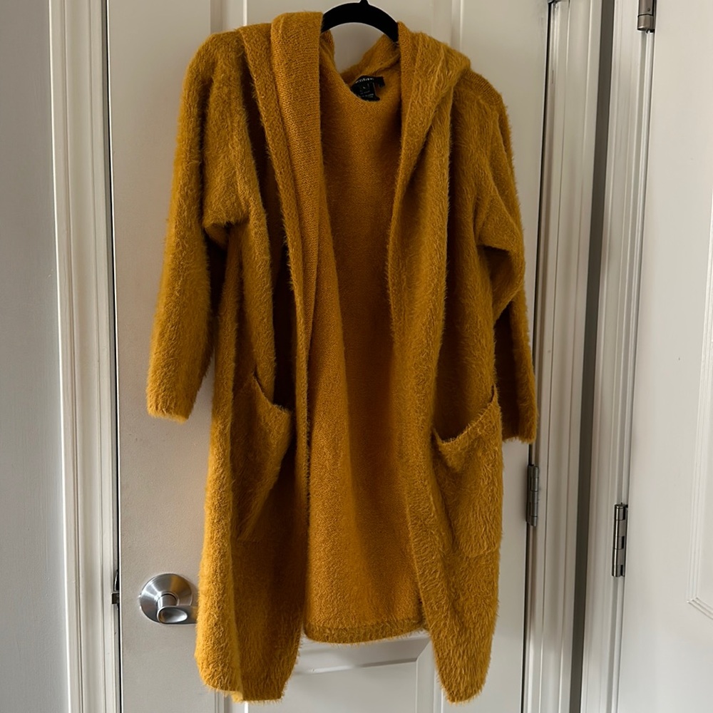 Long cardigan hooded sweater, mustard yellow, size L